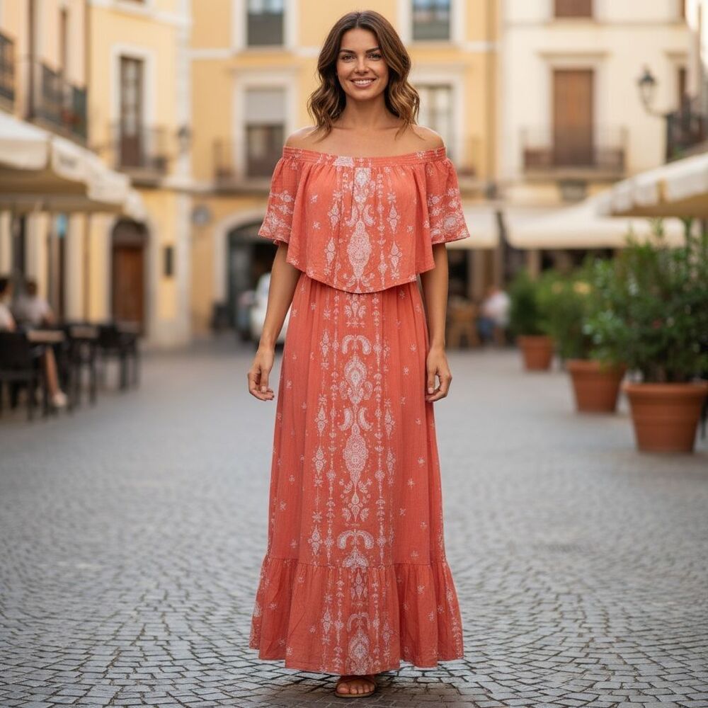 Reba Coral Off-Shoulder Printed Maxi Dress